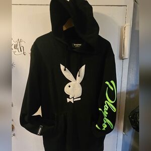 PLAYBOY Black Hoodie with White Logo and Neon Green Text